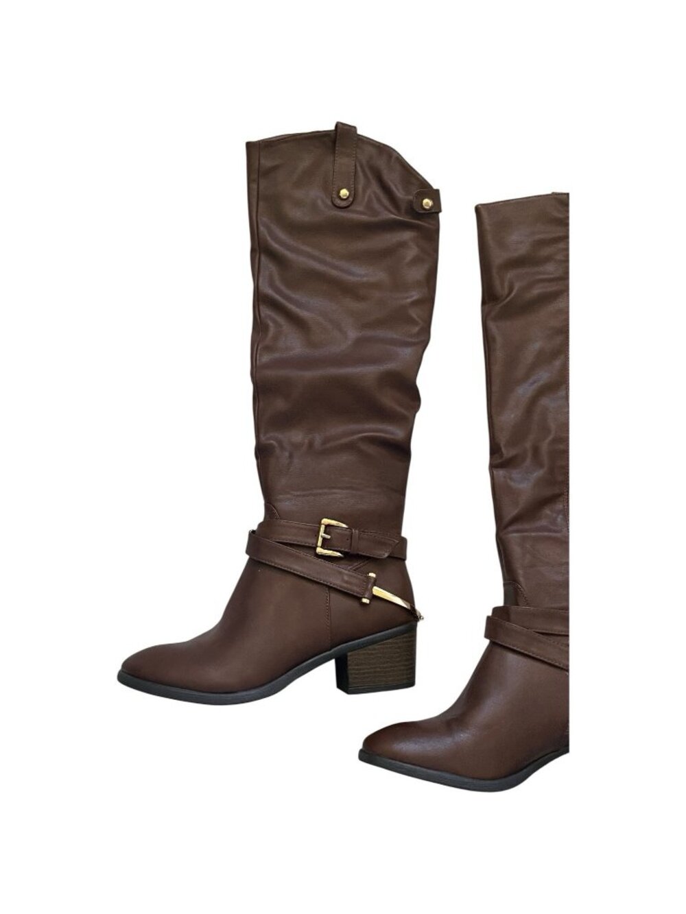 Venus Brown Slouchy Riding Fashion Boots Womens Size 10 Buckle Strap Mid Heel - Picture 3 of 13